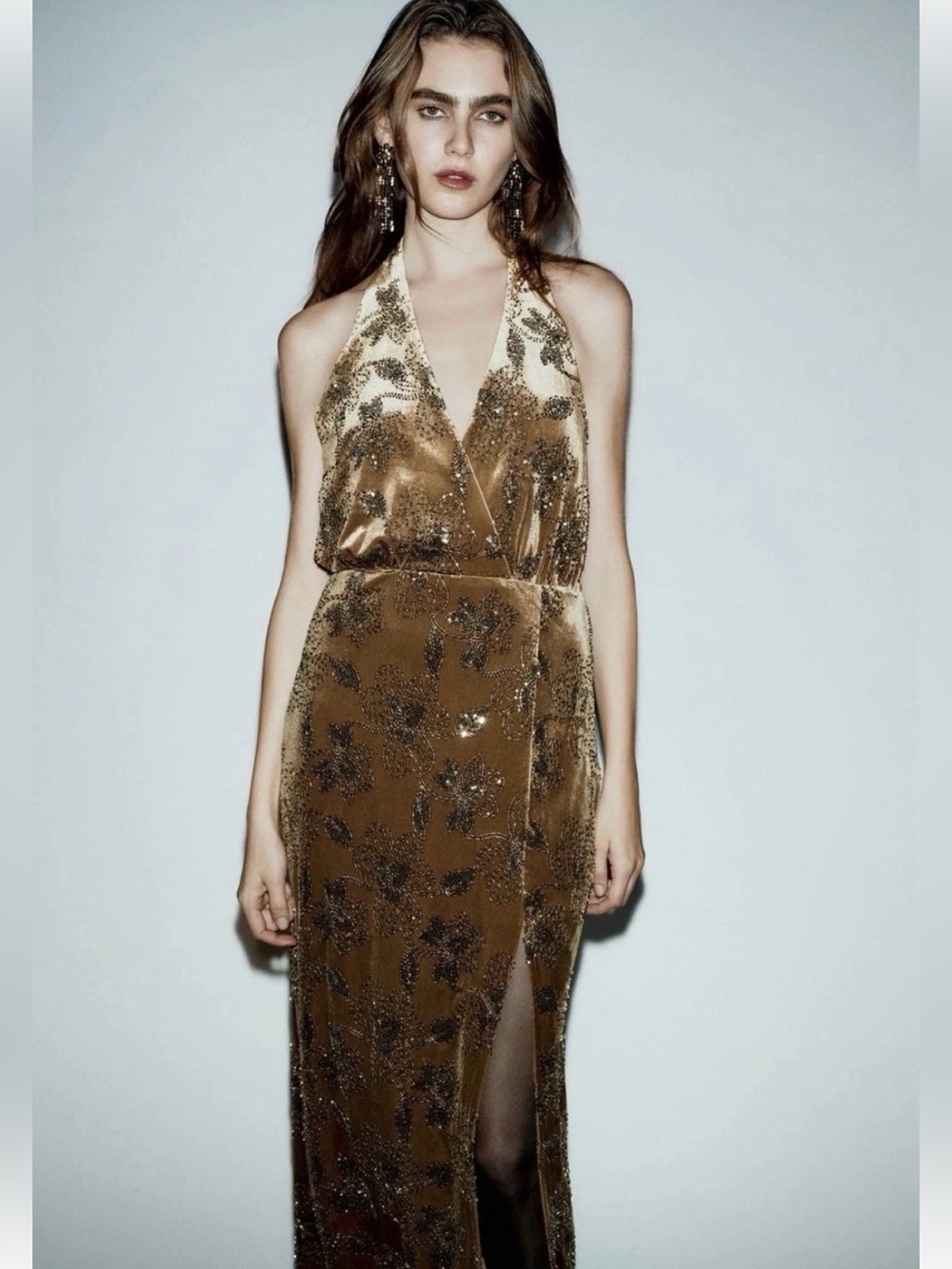 Vintage Bronze Velvet Beaded Halter Gown / Maxi Dress